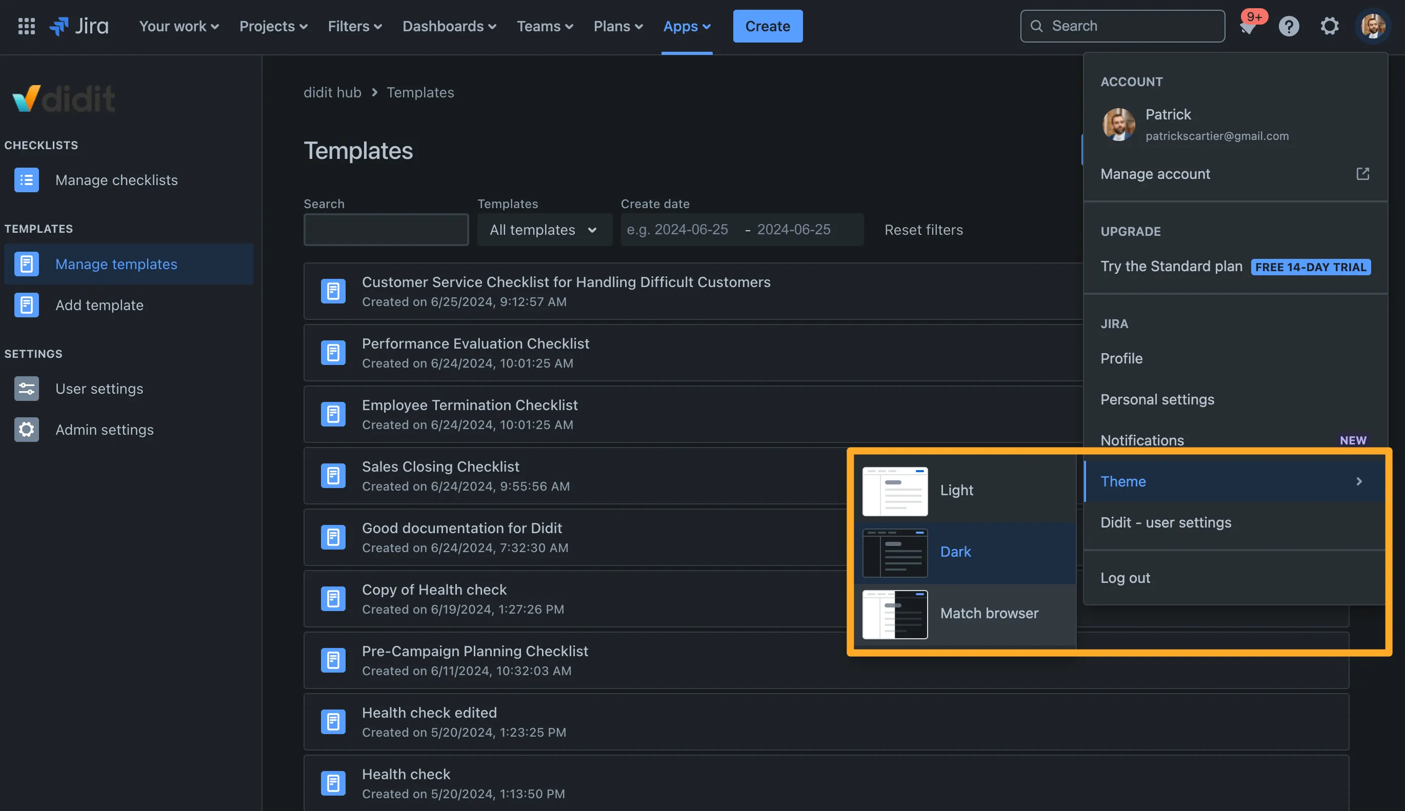 Dark mode in Didit checklists in Jira.