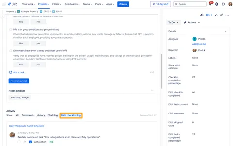 Didit Jira Linked Checklists Audit Log