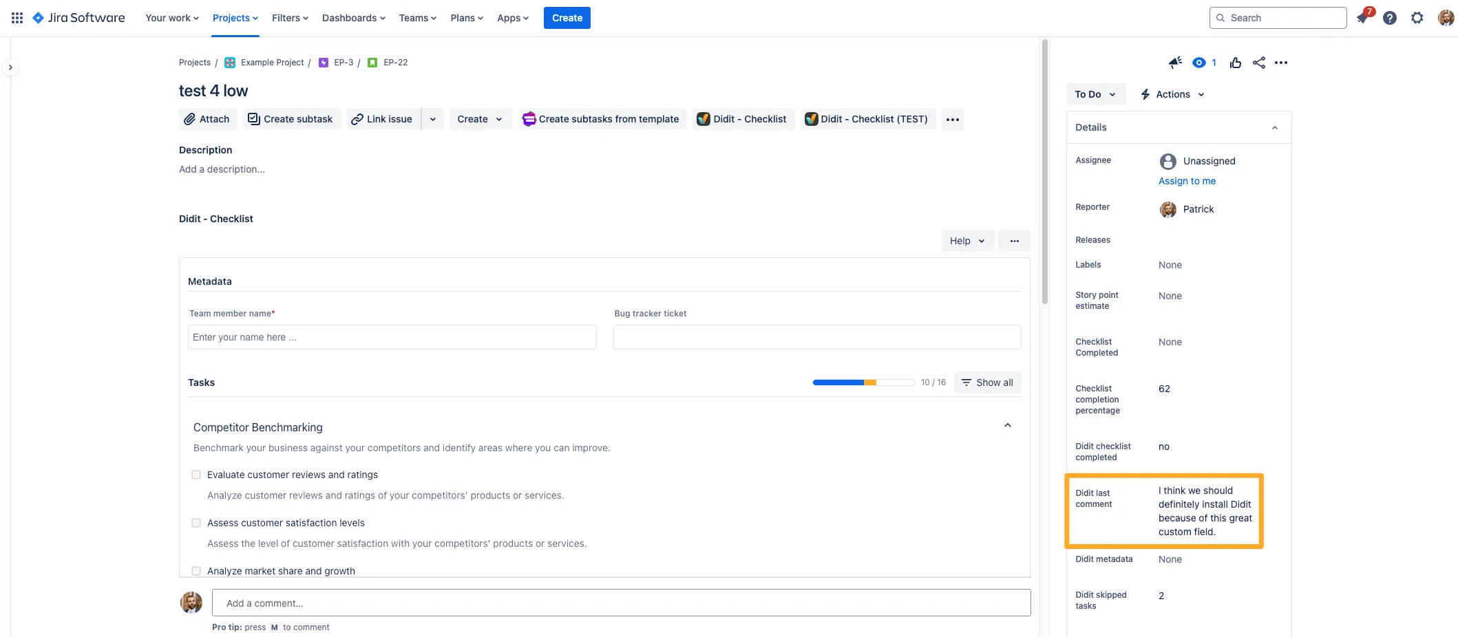 Last comment field example.
