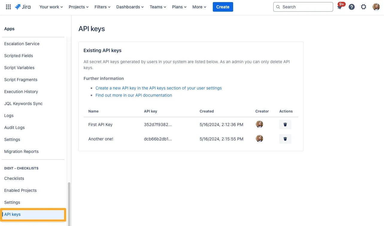 The Jira apps admin interface in the Didit API keys section with the Didit API keys option highlighted.