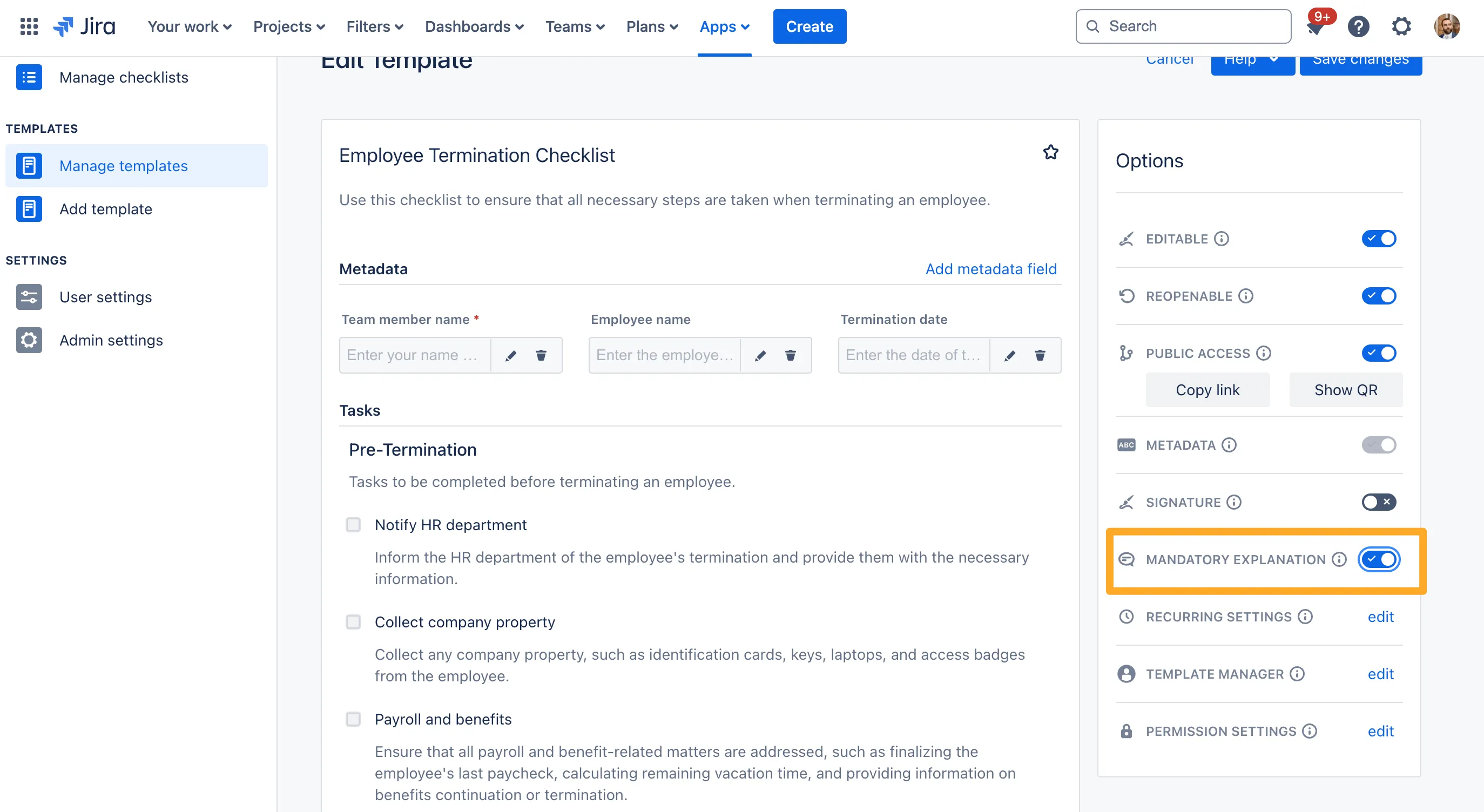 A Didit checklist template with the Mandatory Explanation toggle highlighted and on.