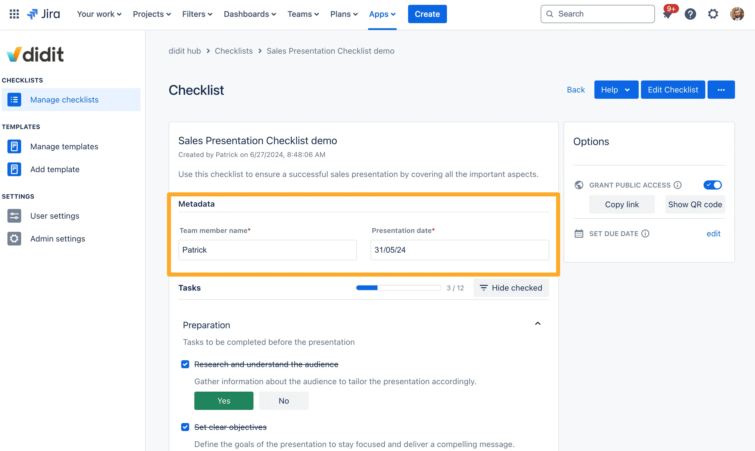 An example checklist with the metadata section at the top highlighted.
