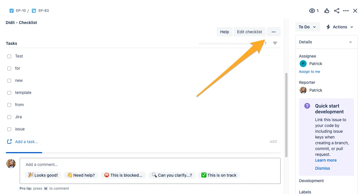 The Didit panel in a Jira issue with an arrow to the ... menu.