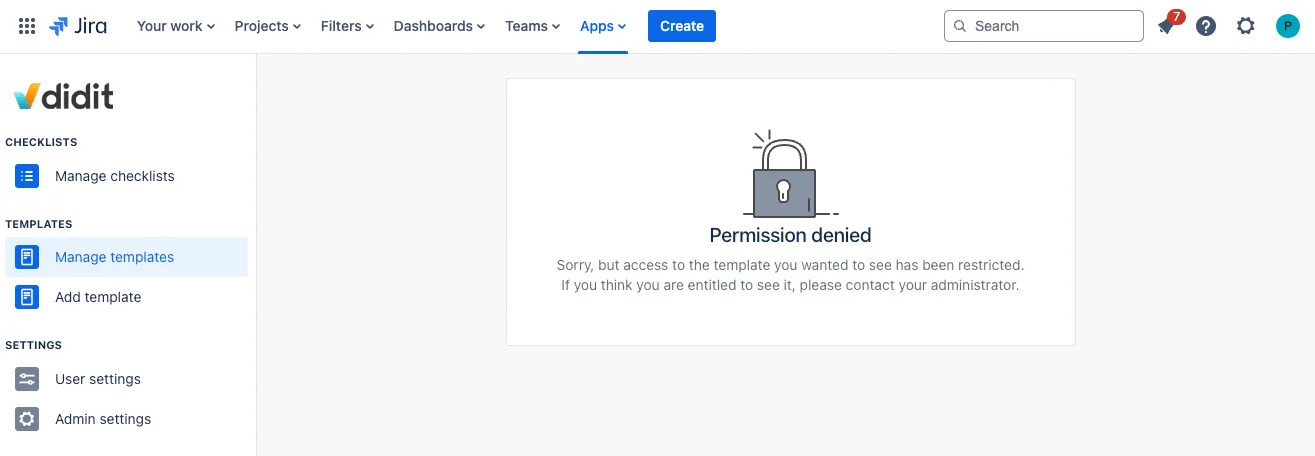 A permission denied message when trying to access a template without permission.