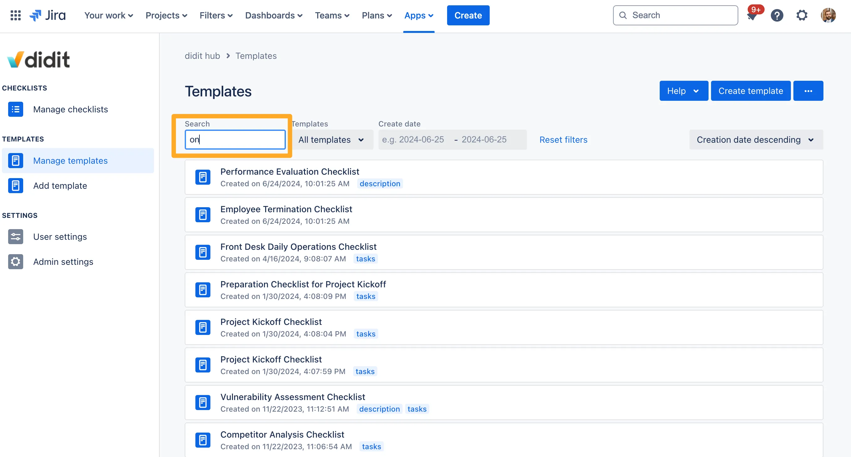 The Didit hub manage templates section with some text in the search bar to demonstrate a partial search.