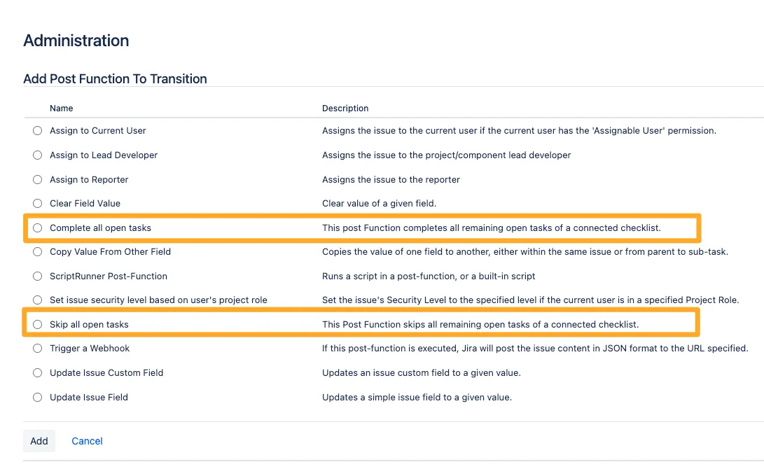 The post functions list with the two Didit post functions highlighted.