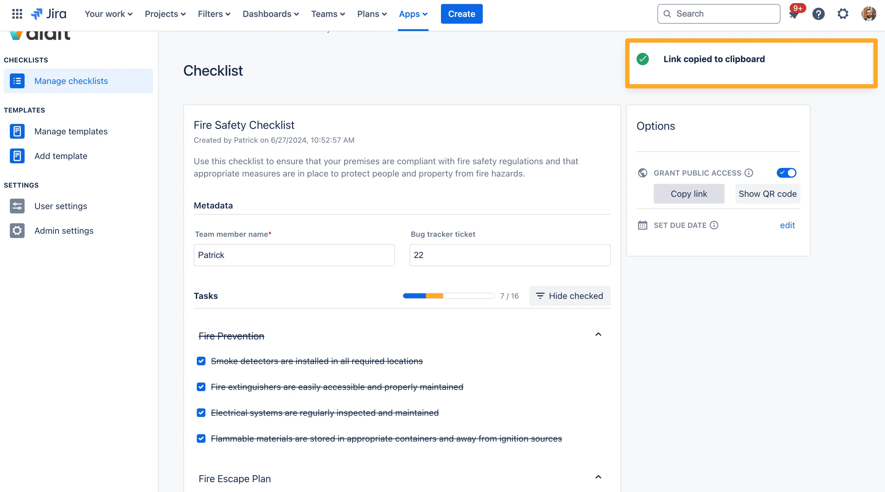 A checklist detail view in the Didit hub with the link copy confirmation showing.