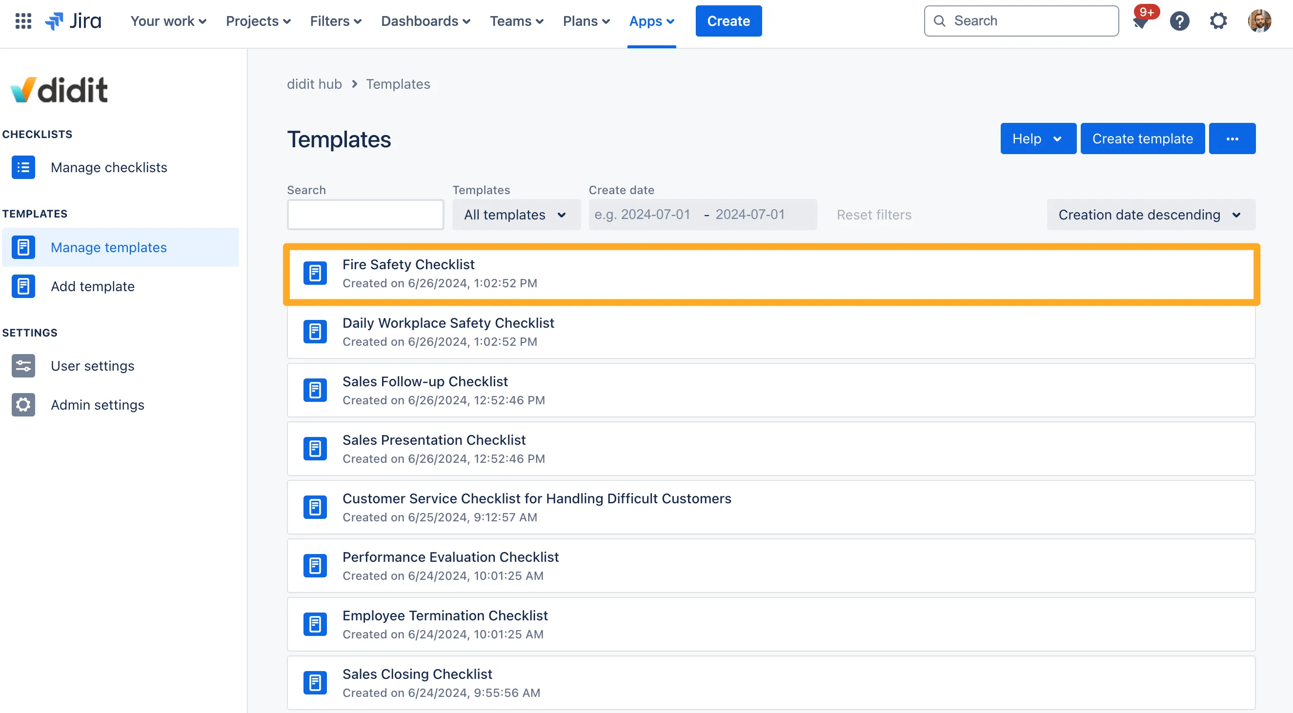 The Didit hub manage templates section with a template selected.