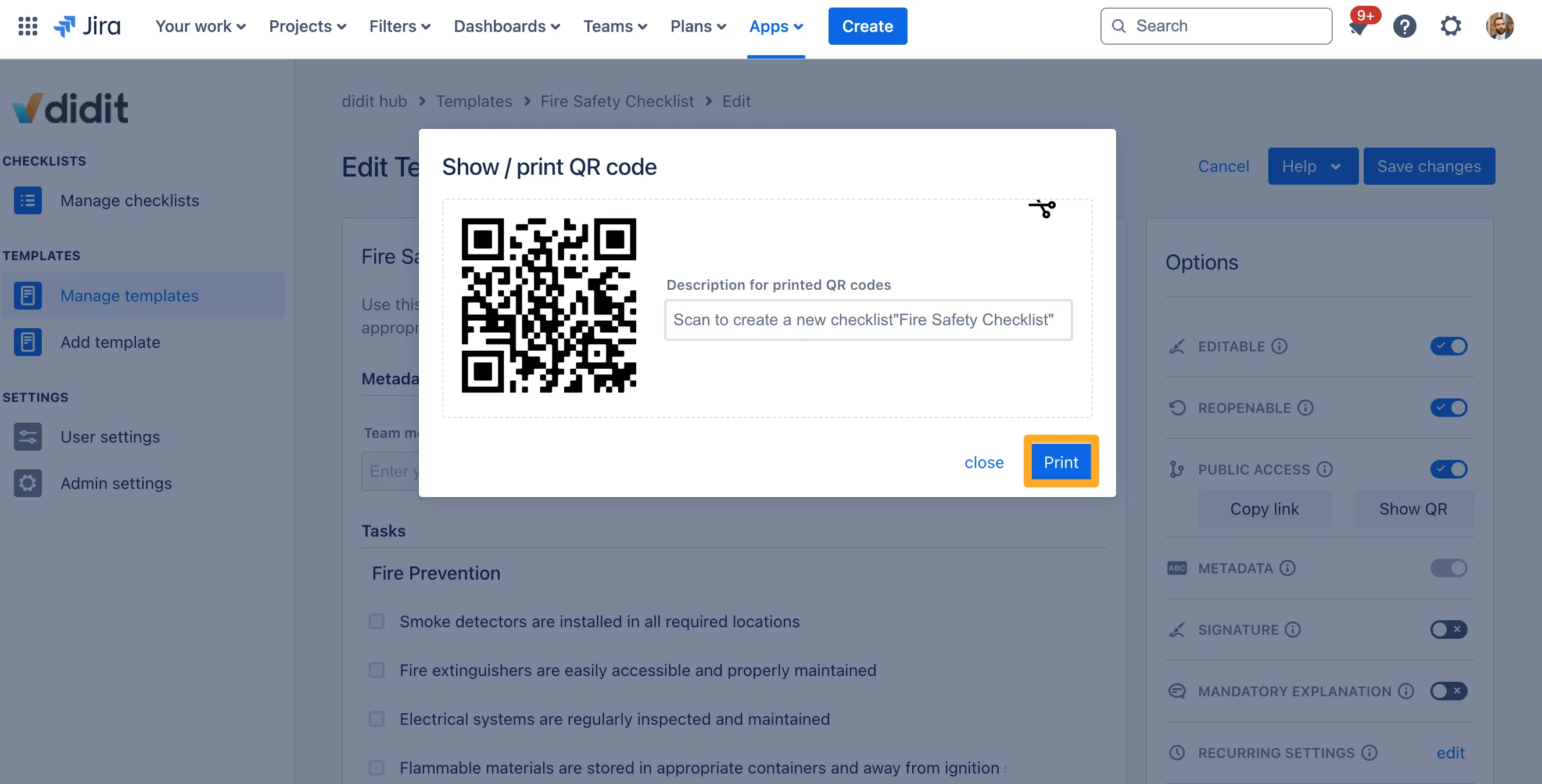 The show/print QR code dialogue for a Didit template with the Print button highlighted.
