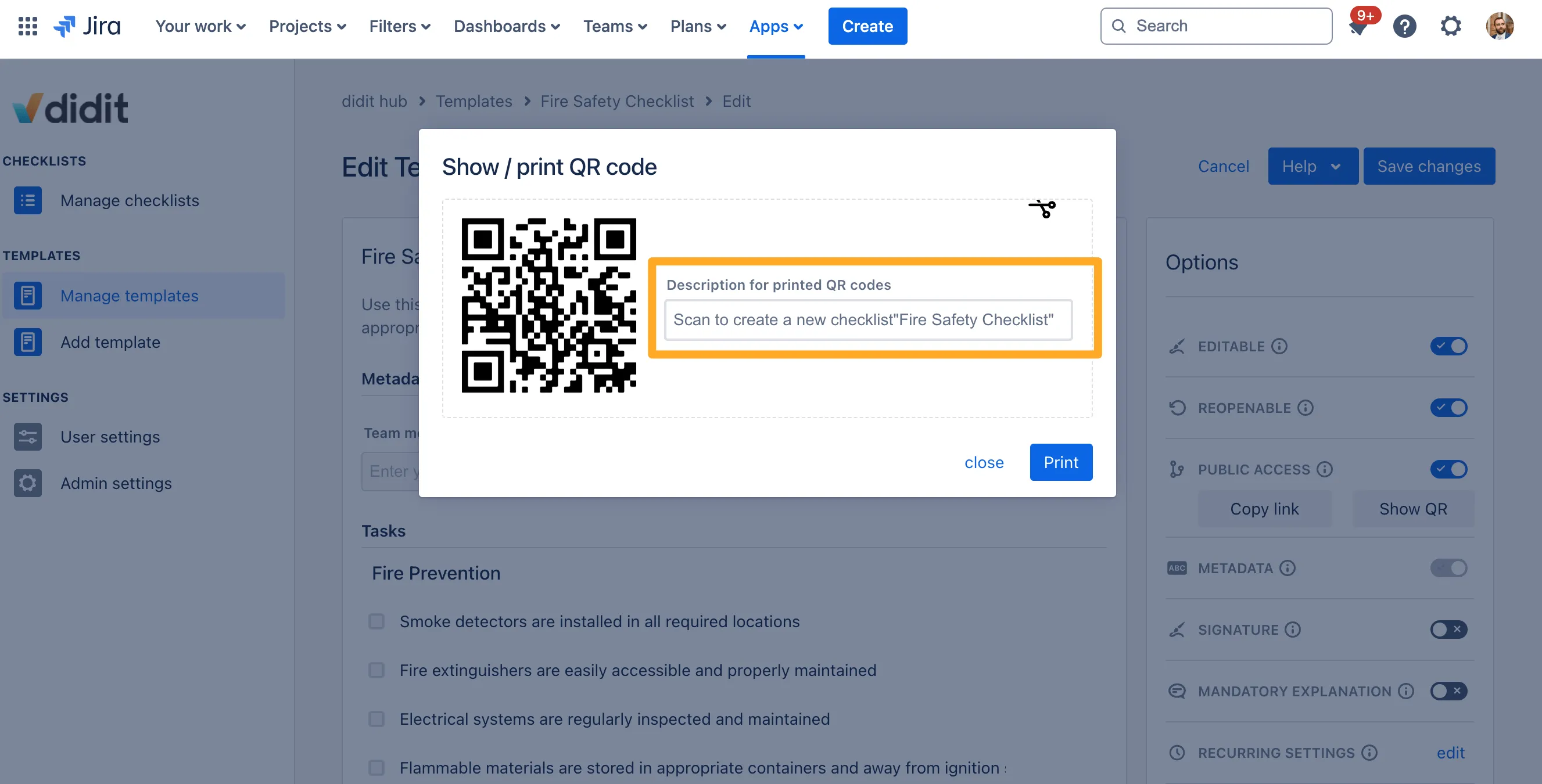 The show/print QR code dialogue for a Didit template.
