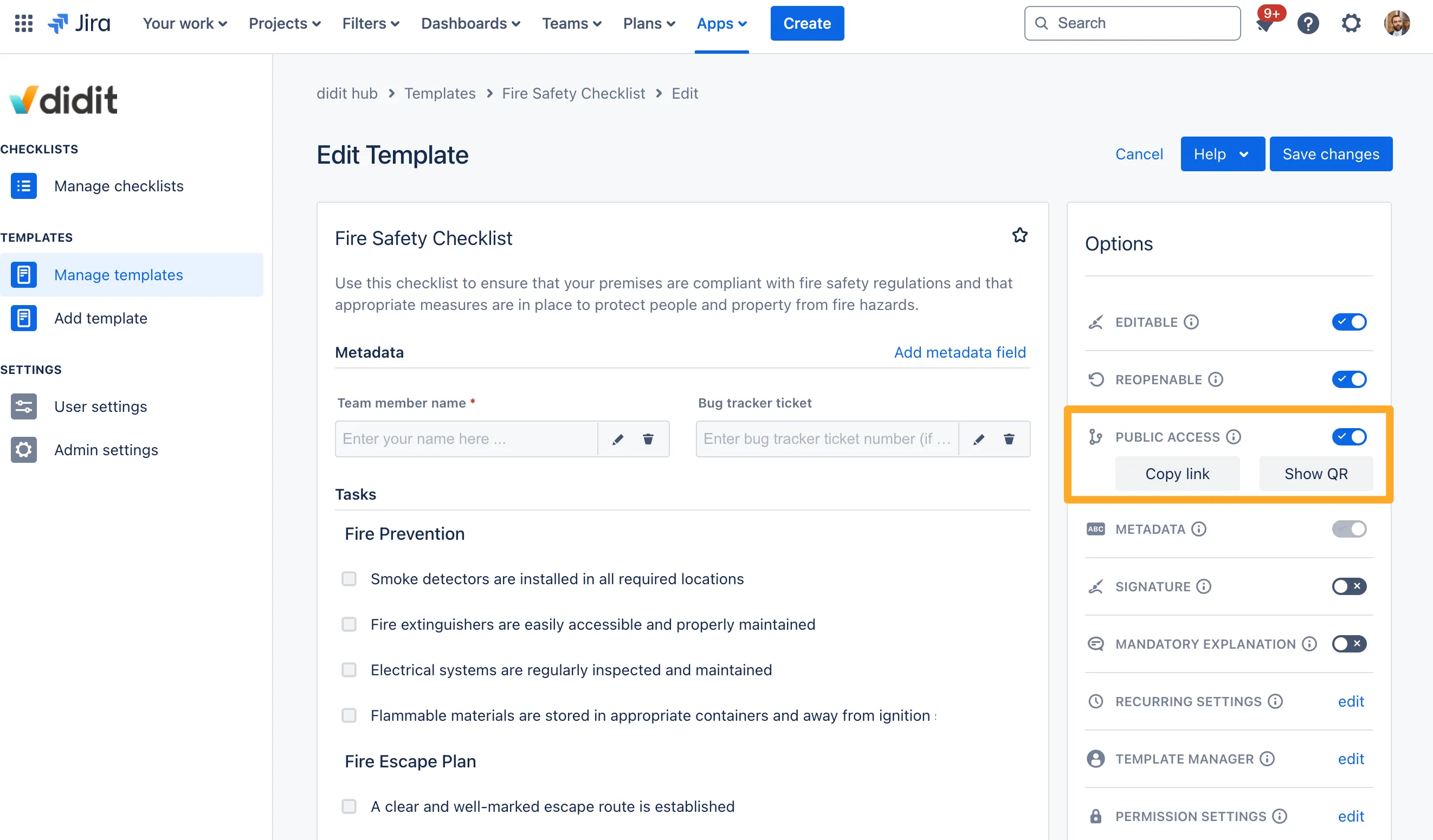 A Didit checklist template with the Public Access option highlighted.
