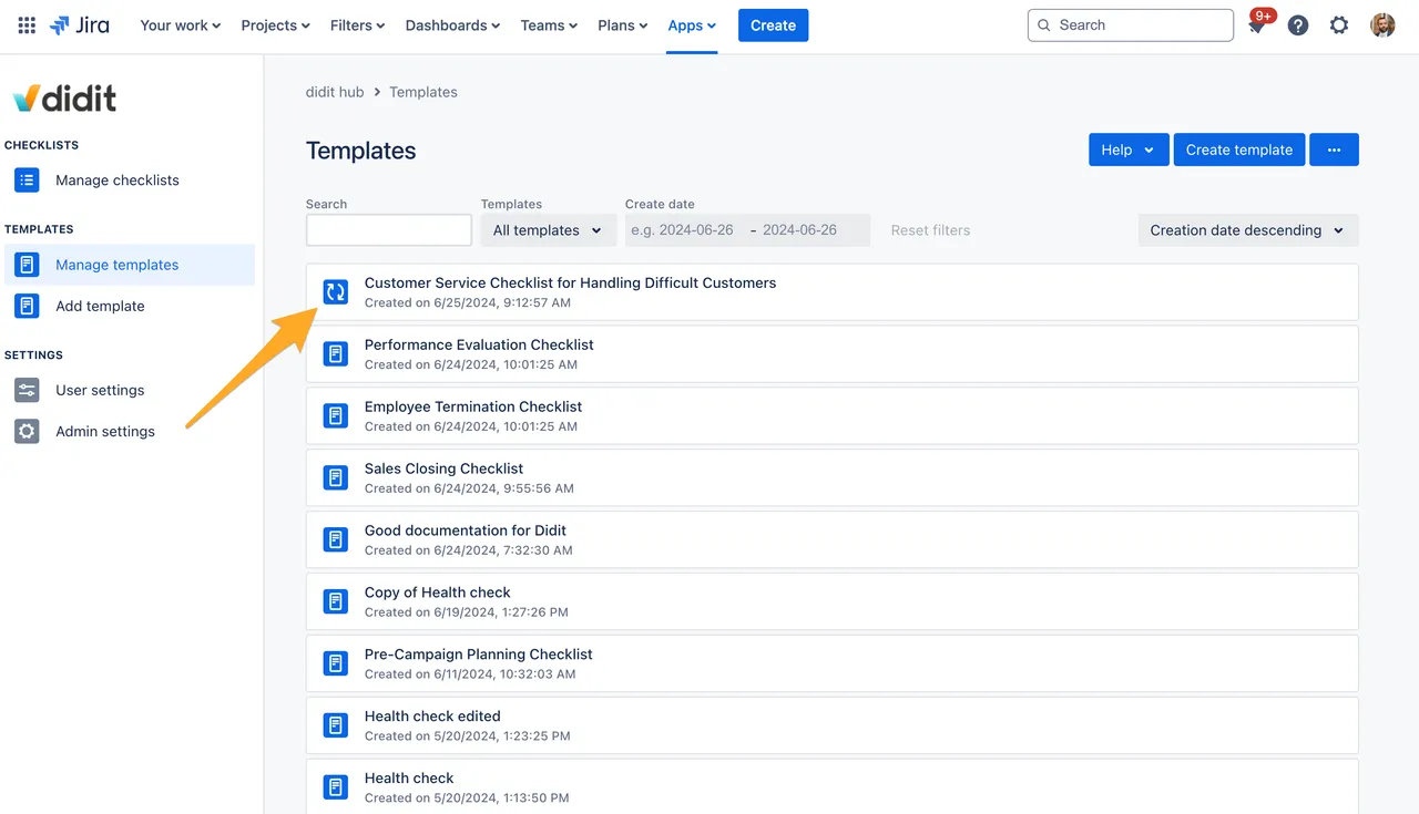 The Didit hub manage templates section with an arrow to the icon which indicates the checklist is recurring.