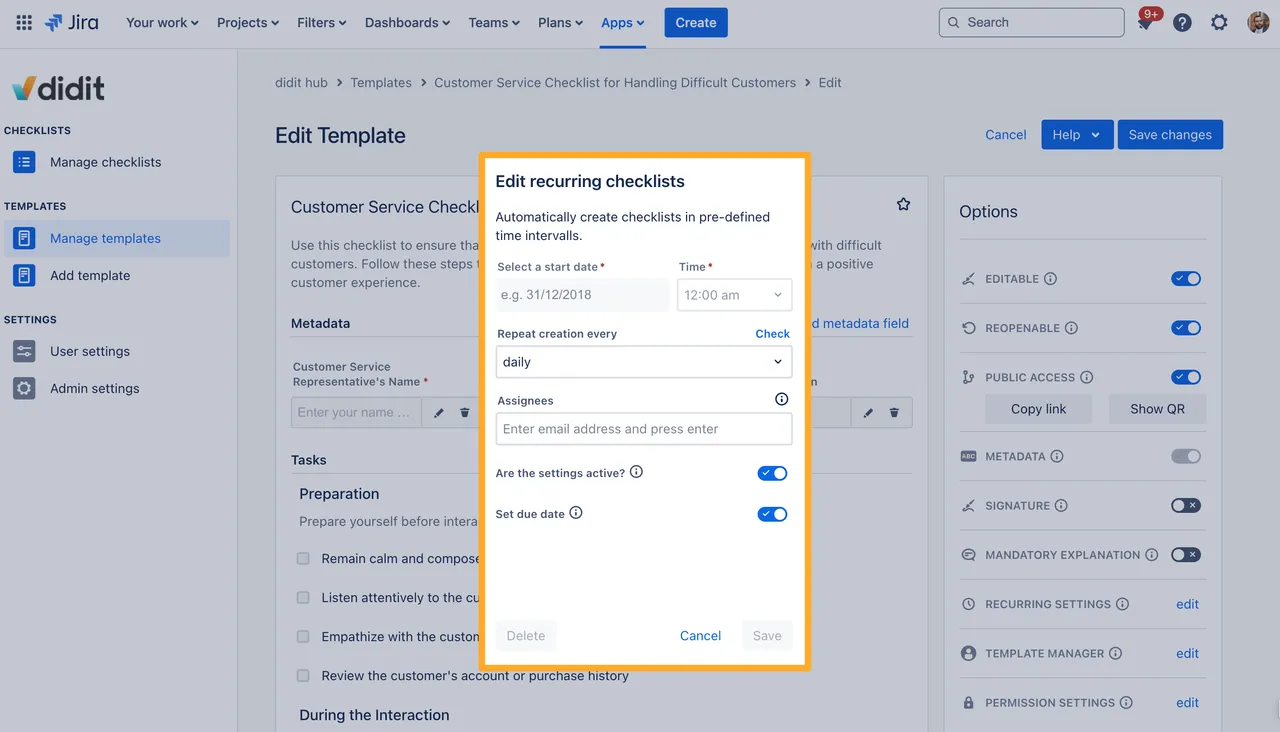 The recurring settings in a checklist template.