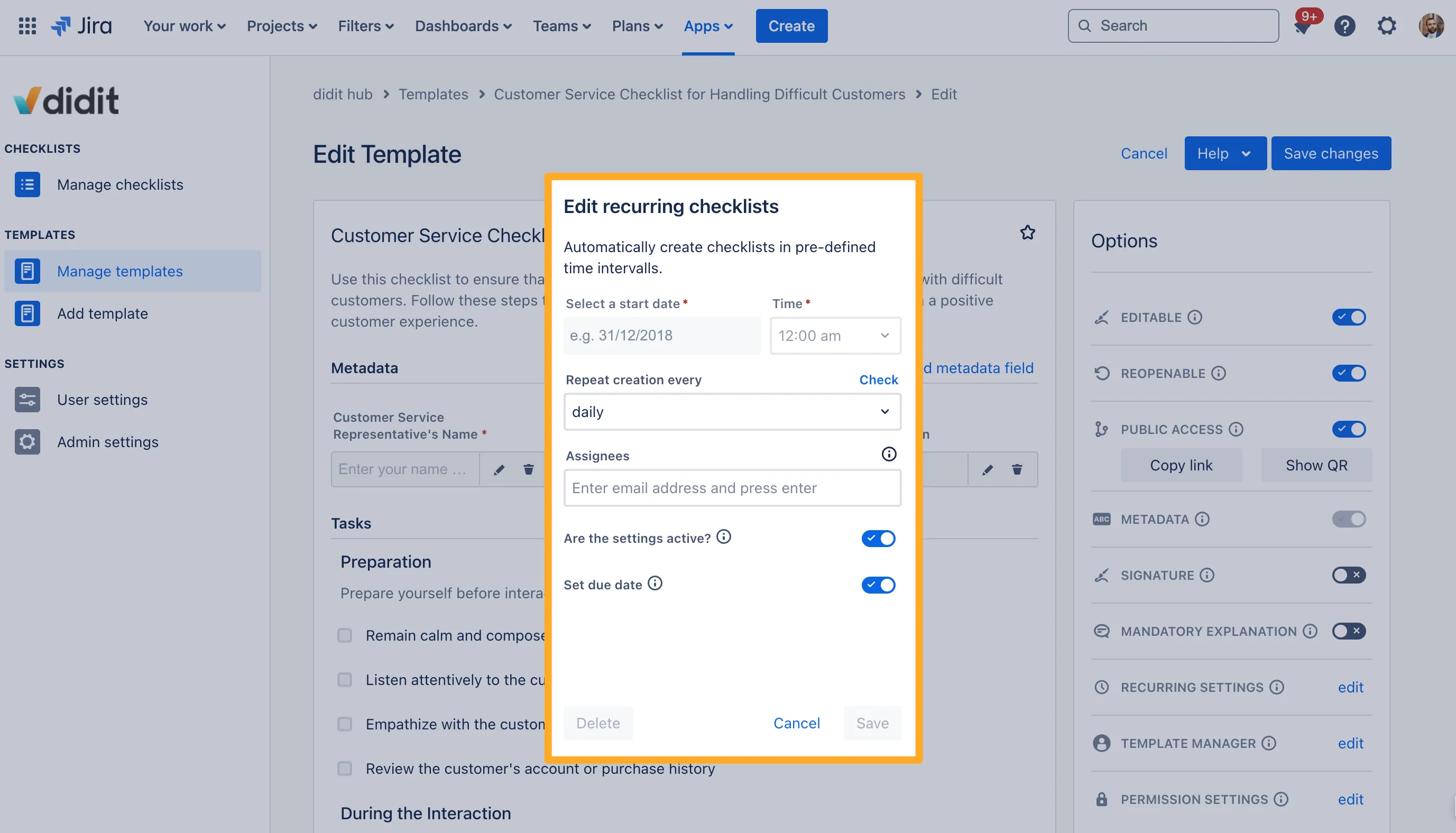 The recurring settings in a checklist template.