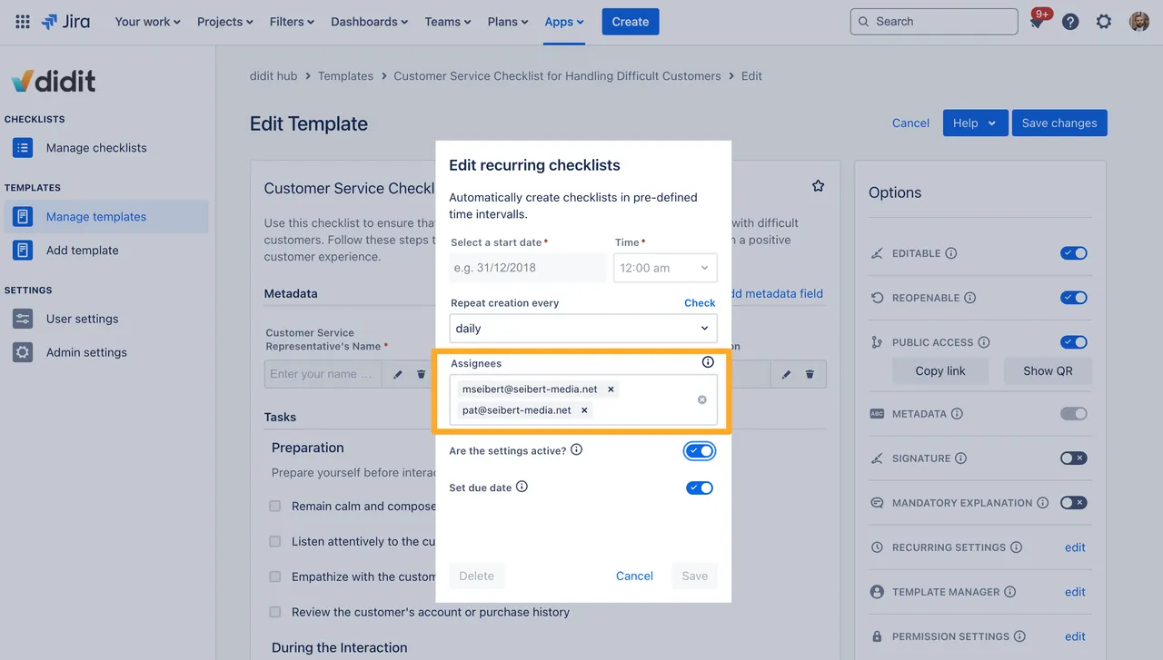 The recurring checklists dialogue with the assignees section highlighted.