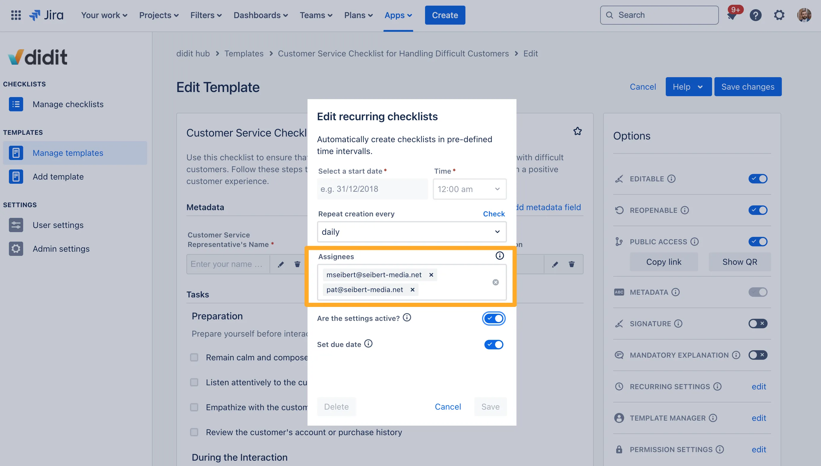 The recurring checklists dialogue with the assignees section highlighted.