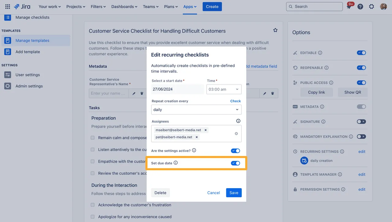 The Didit recurring settings dialogue with the due date settings highlighted.