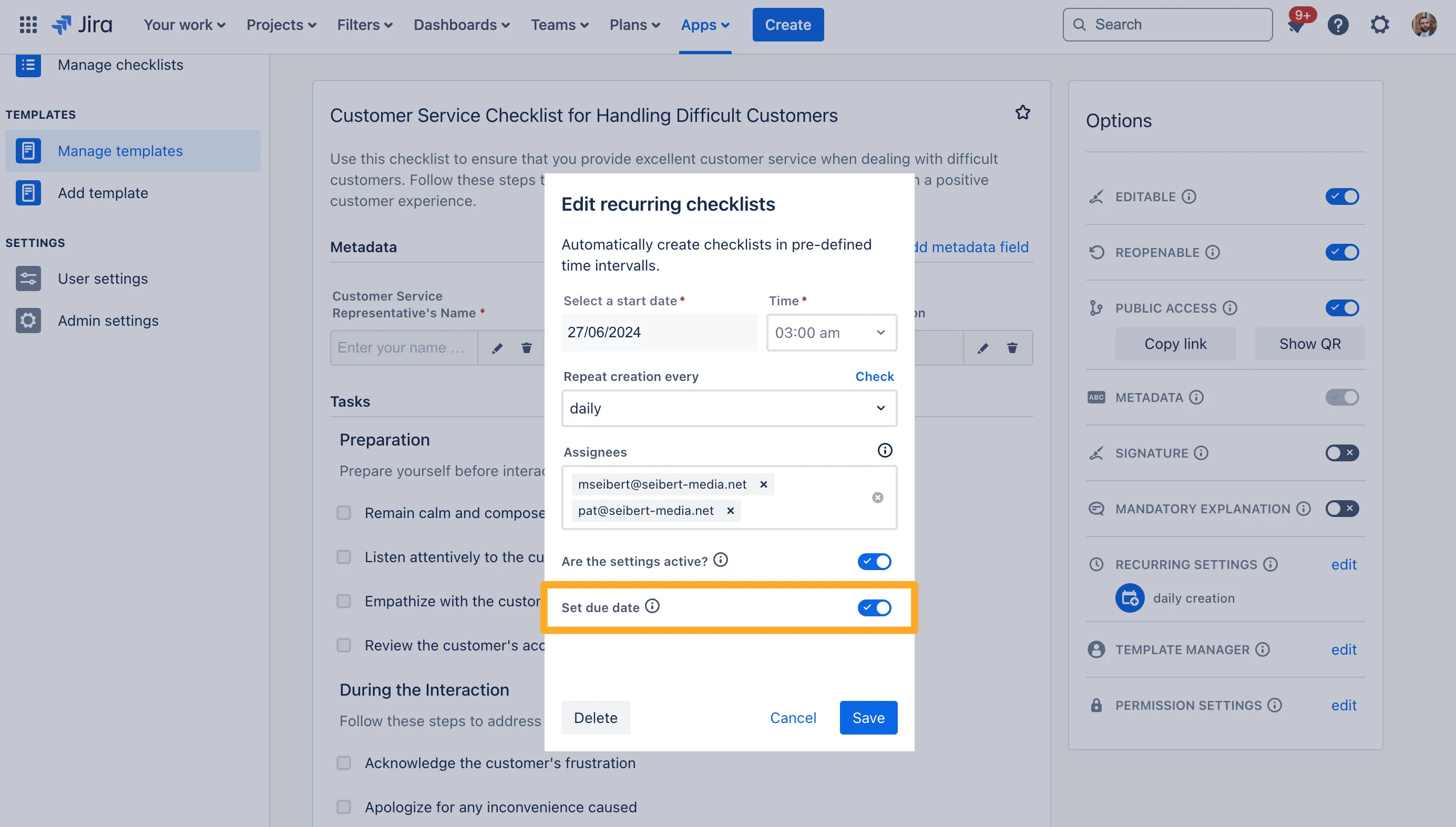 The Didit recurring settings dialogue with the due date settings highlighted.