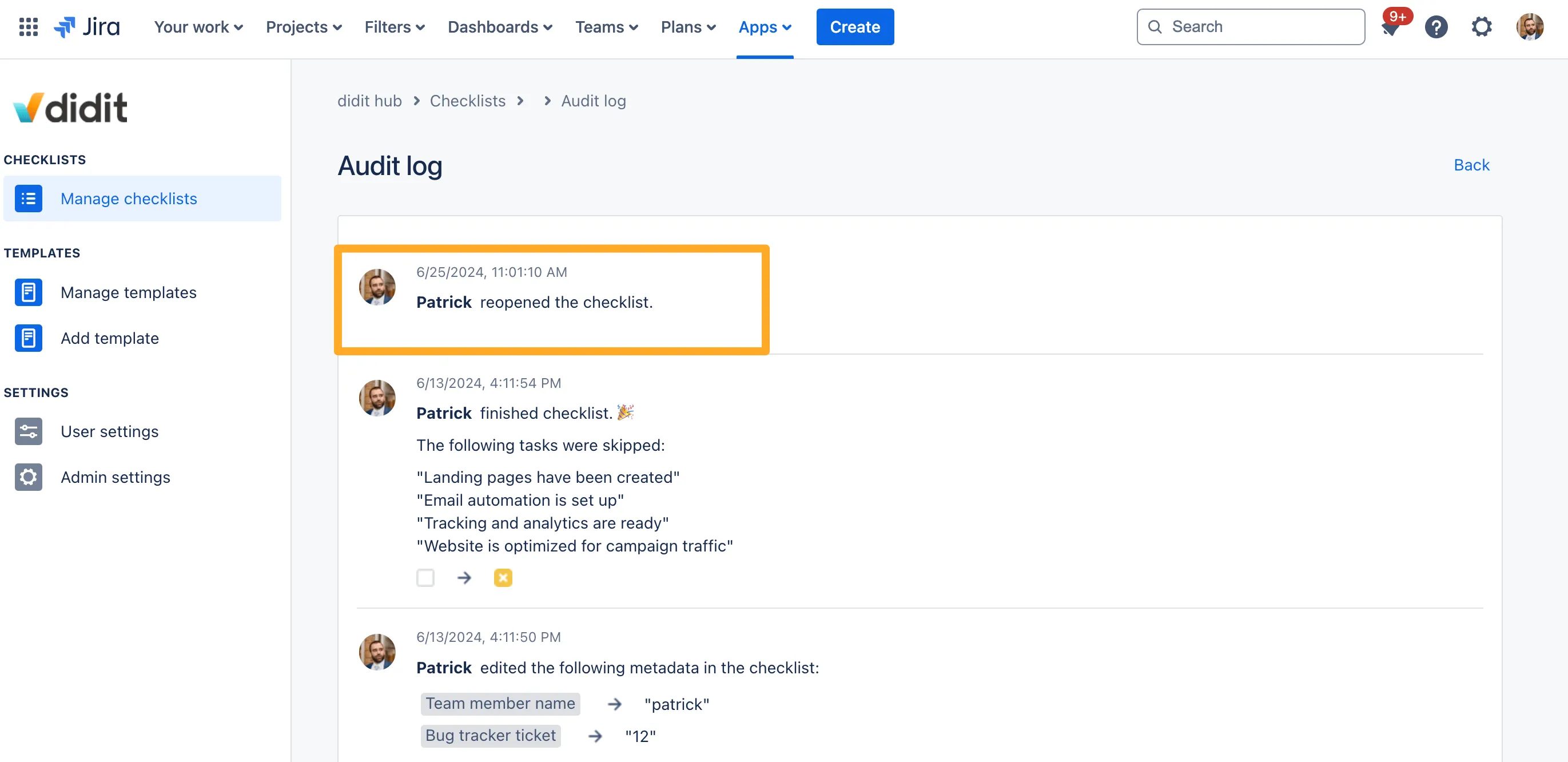 The event in the audit log when a checklist is reopened.