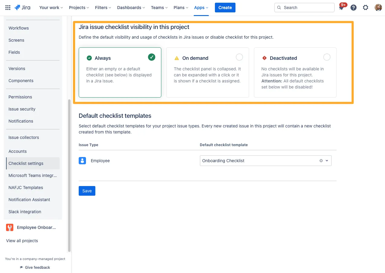 The Didit settings with the Jira issue checklist visibility section highlighted.