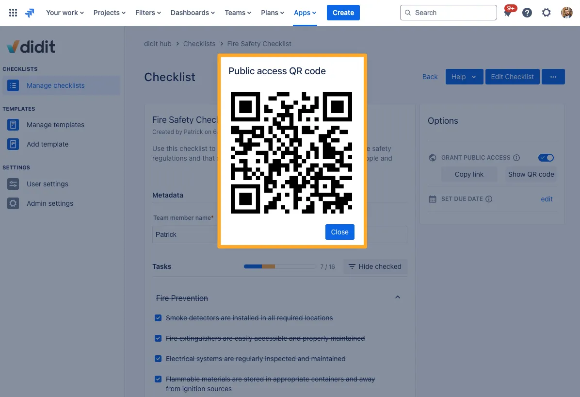 The QR code in a checklist which you can scan to access a public checklist.