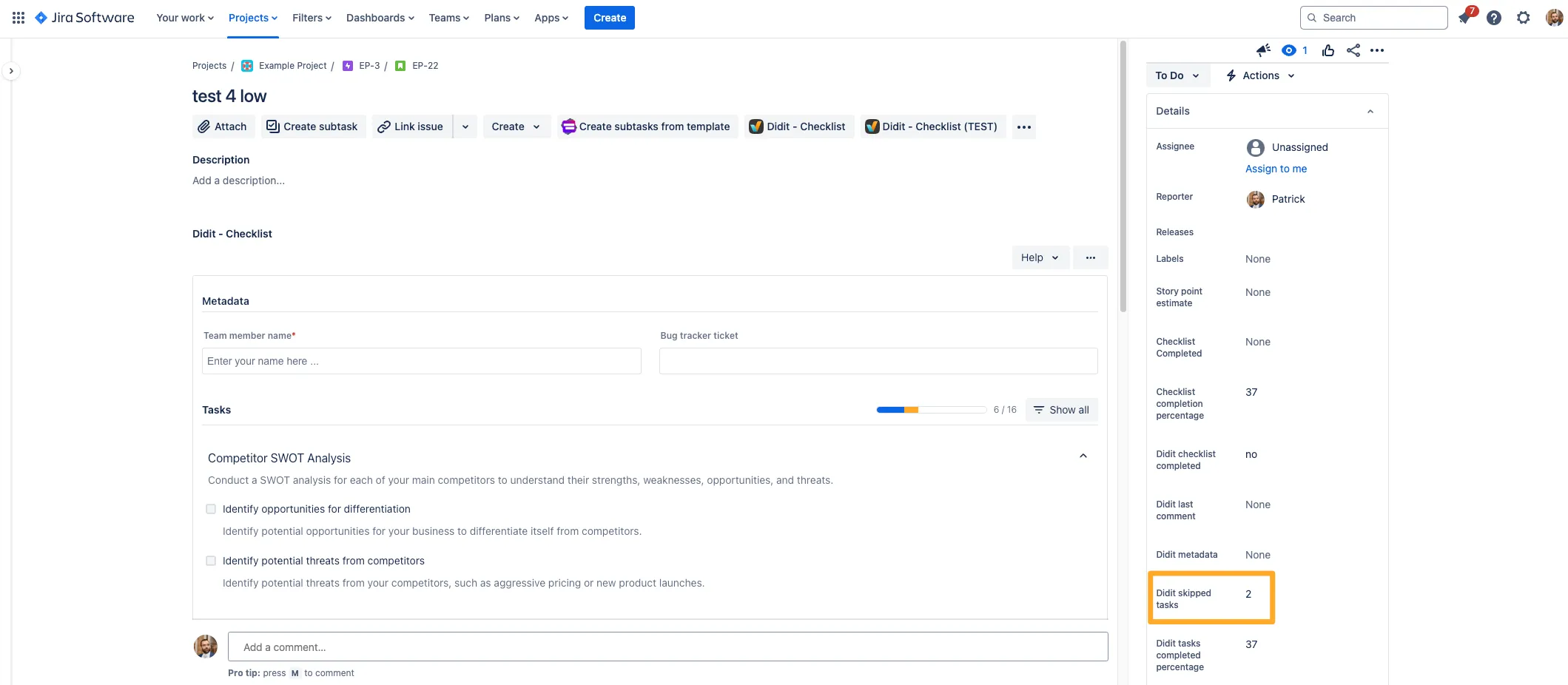 Skipped Tasks field example.