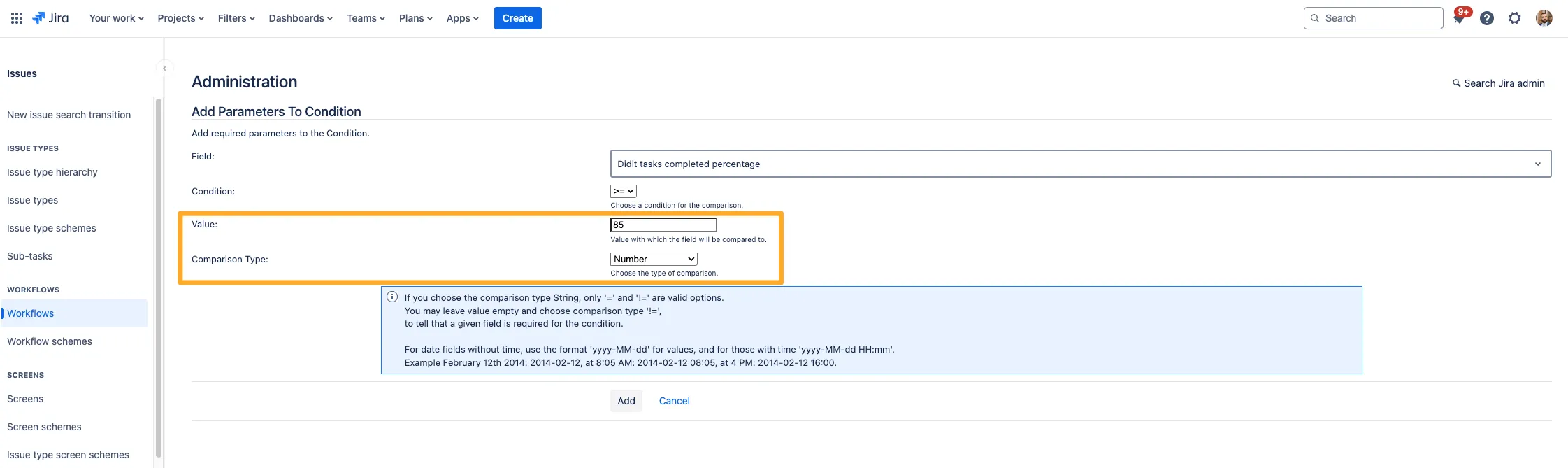 The value field condition editor with the value field highlighted.