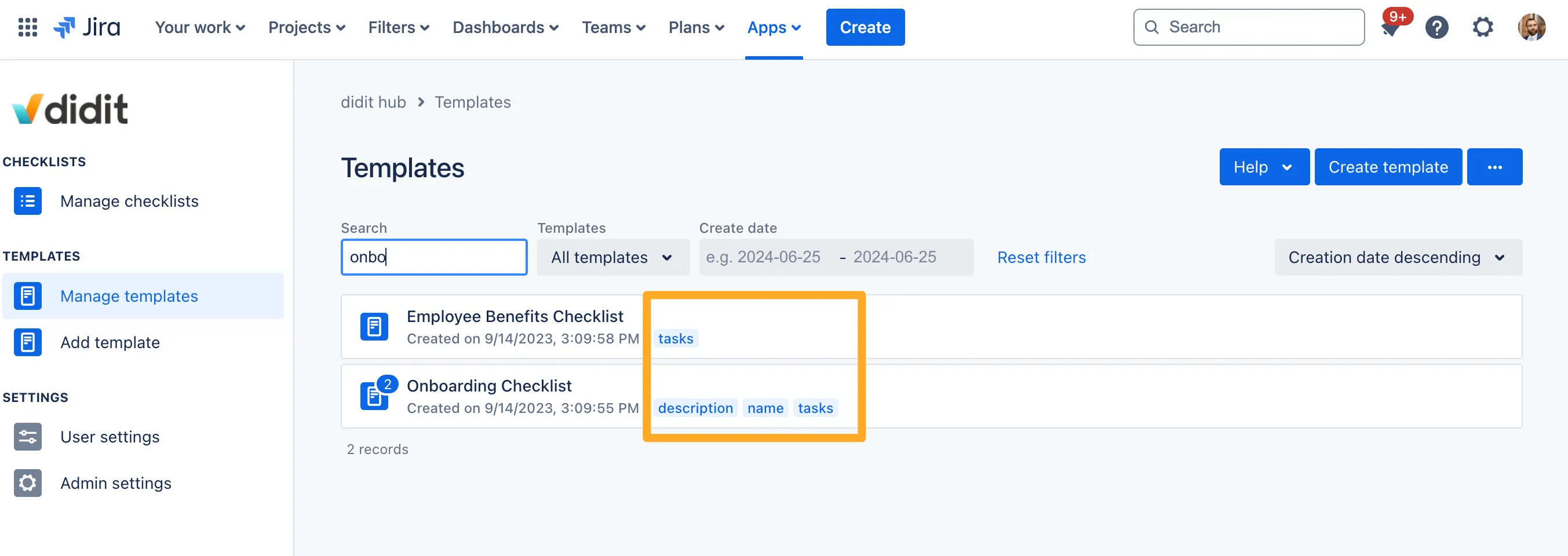 The Didit hub with some text in the search bar and the elements that the search found matches in highlighted.