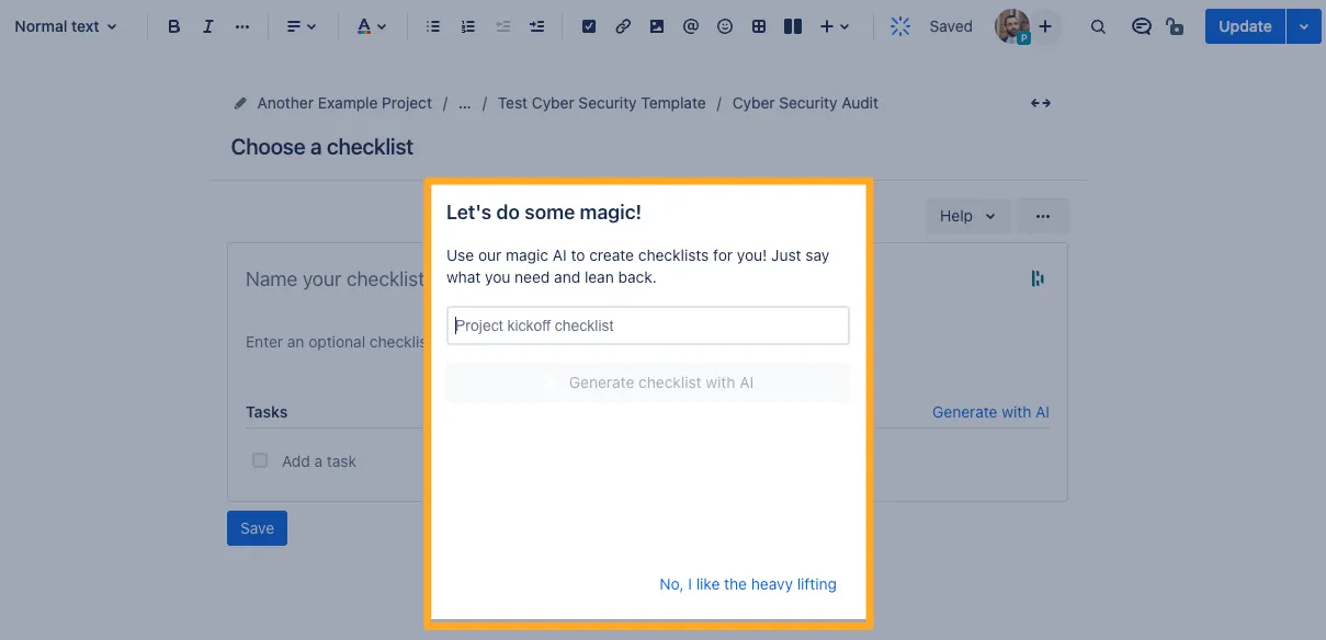 The Didit Confluence checklist macro generate template with AI dialogue.