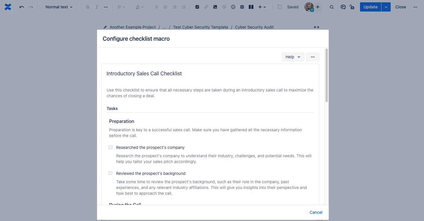 The checklist template editor once you generate a checklist with AI in Confluence.