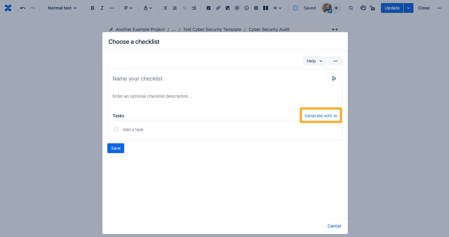 The Didit Confluence checklist macro with the Gneerate with AI button highlighted.