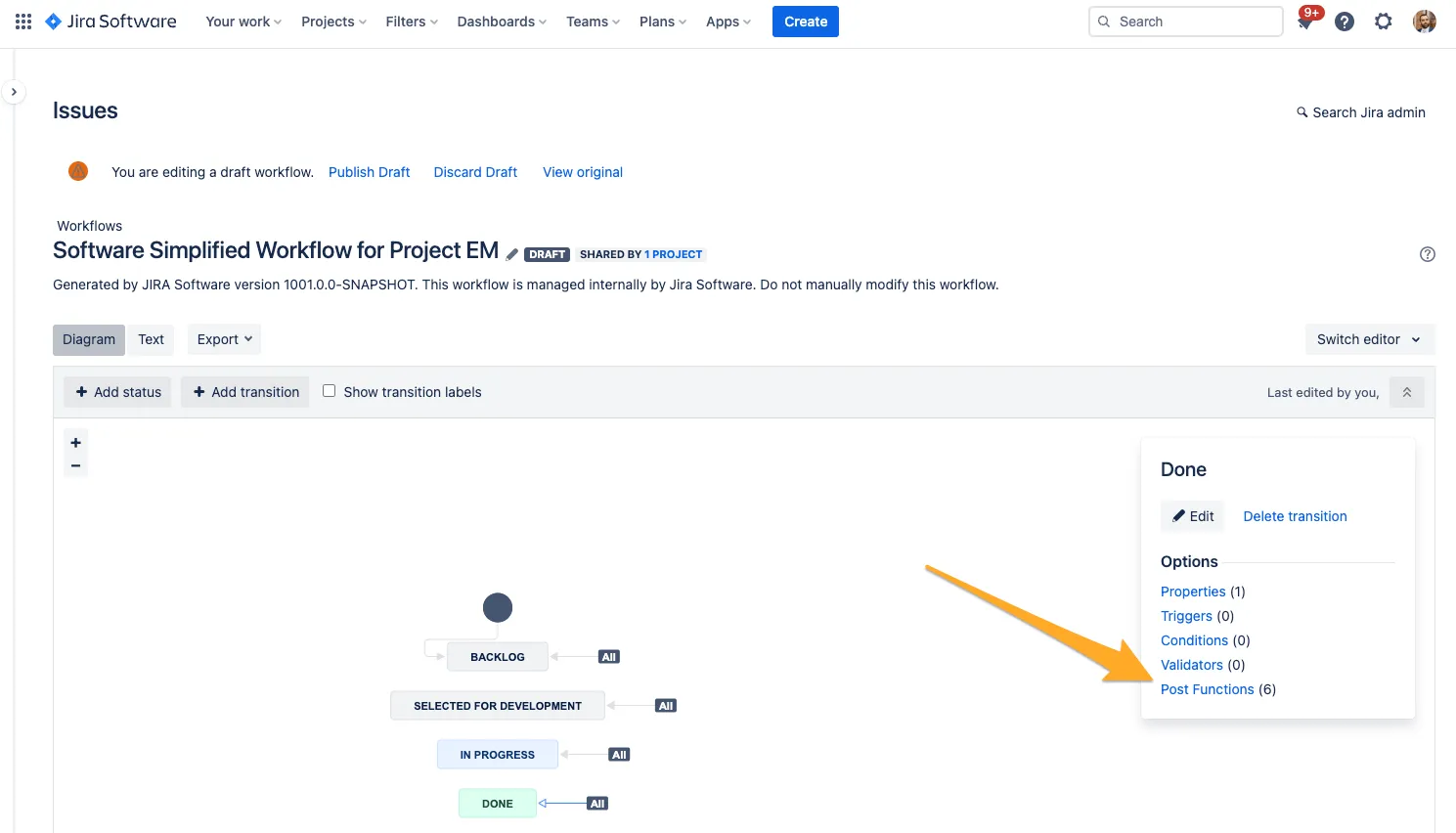 The workflow editor with an arrow to the Post Functions button.