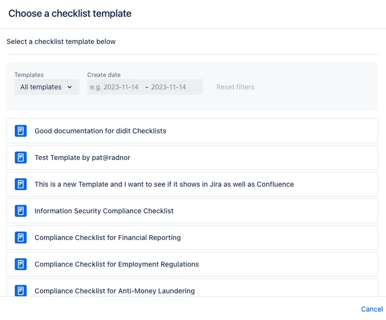 The Didit checklist macro for page templates dialogue showing the list of templates.