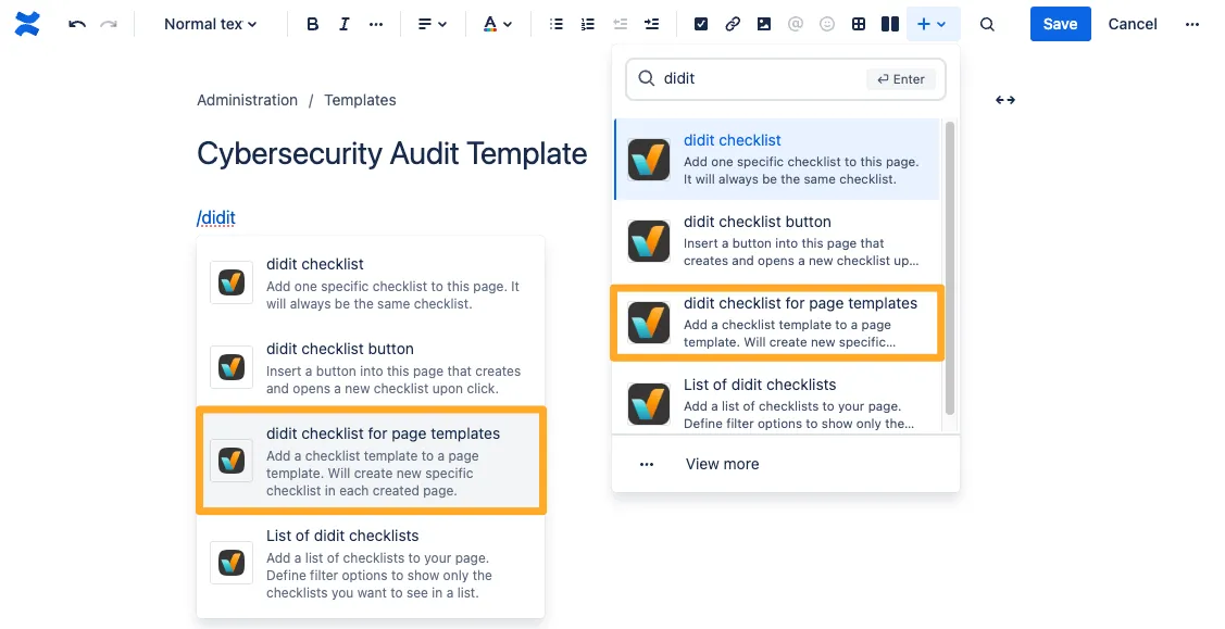 Confluence page template showing the two ways to add a macro with the Didit Checklist for page templates macro highlighted.