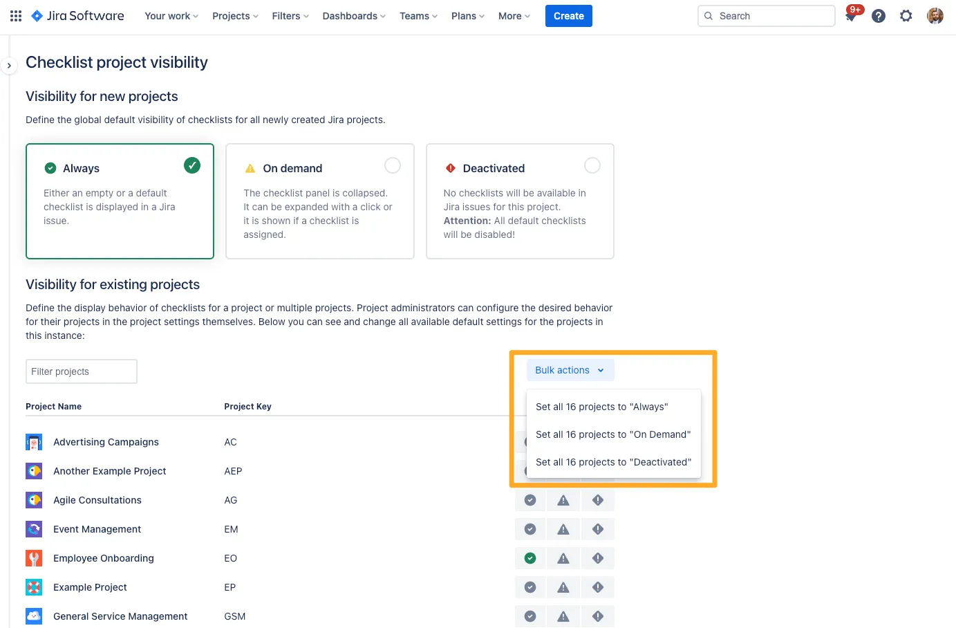 The Didit global checklist visibility settings for projects with the bulk update dropdown open and highlighted.