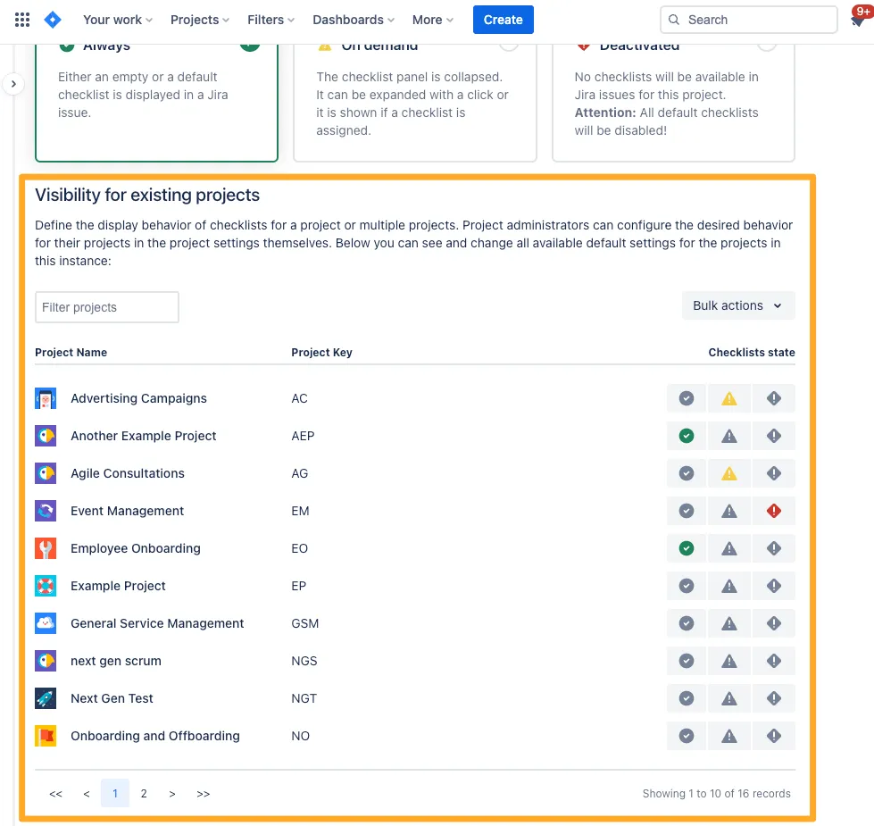 The Didit global checklist visibility settings for projects with the visibility for existing projects section highlighted.
