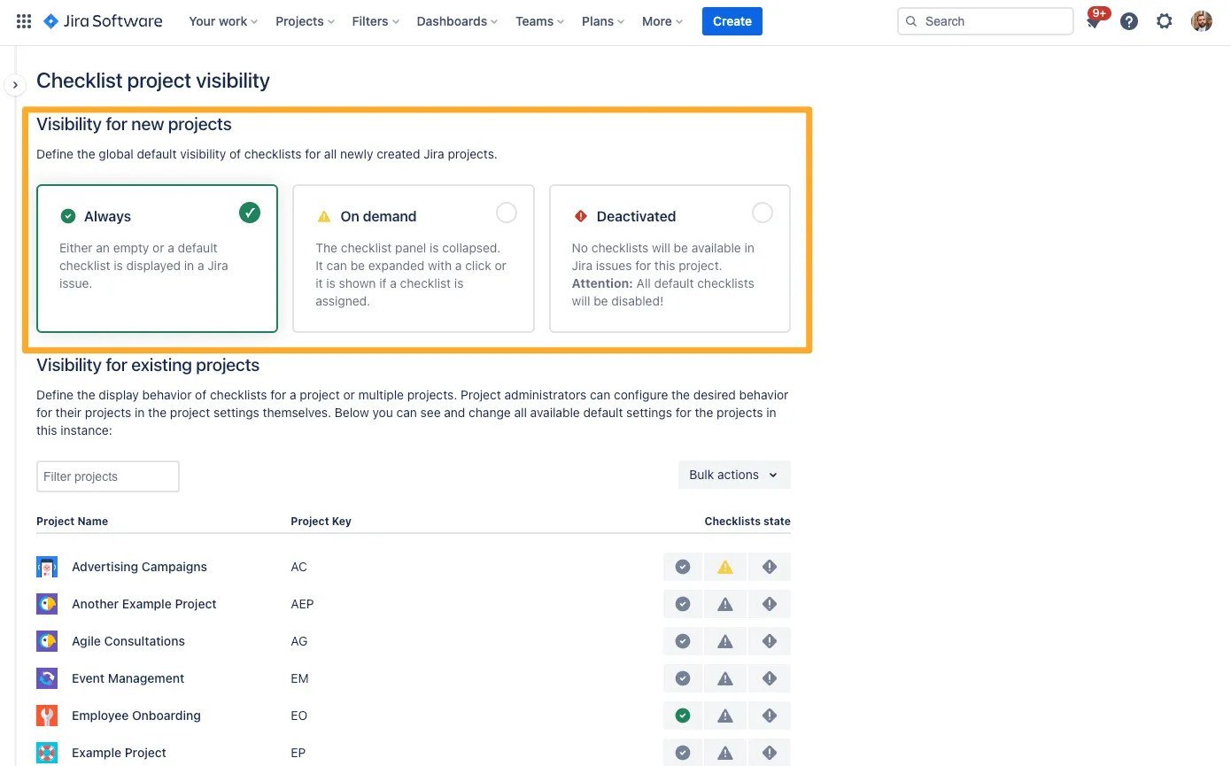 The Didit global checklist visibility settings for projects.