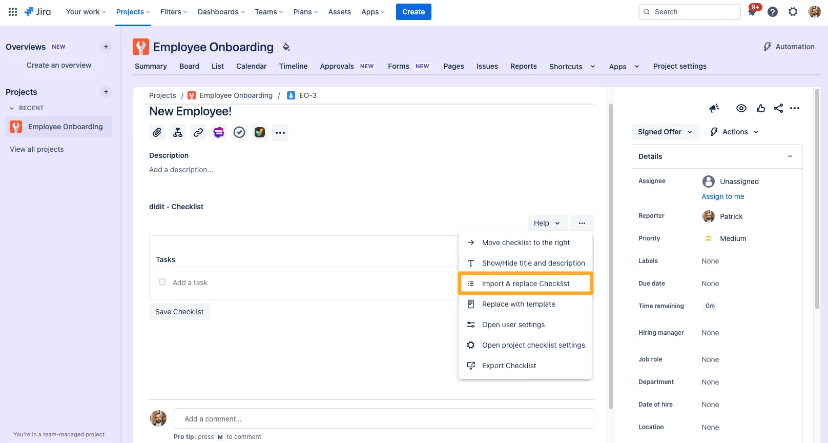 A Jira issue with the Didit panel and the import & replace a checklist option highlighted.