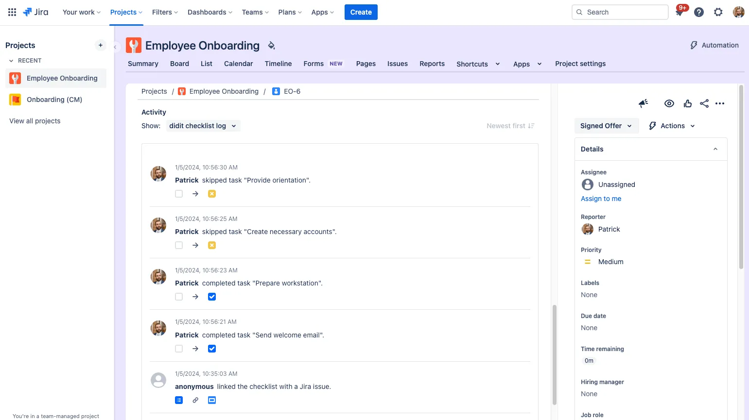 A checklist audit log with the skipped task entry.