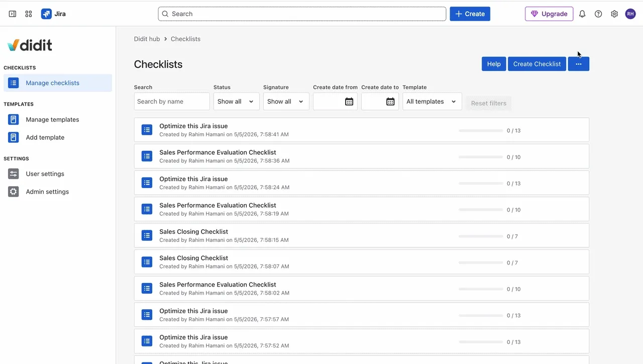 Export all checklists as PDF from the Didit hub list view.