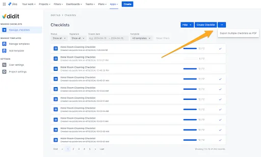 The manage checklists view in the Didit hub with the ... menu open to export multiple checklists.