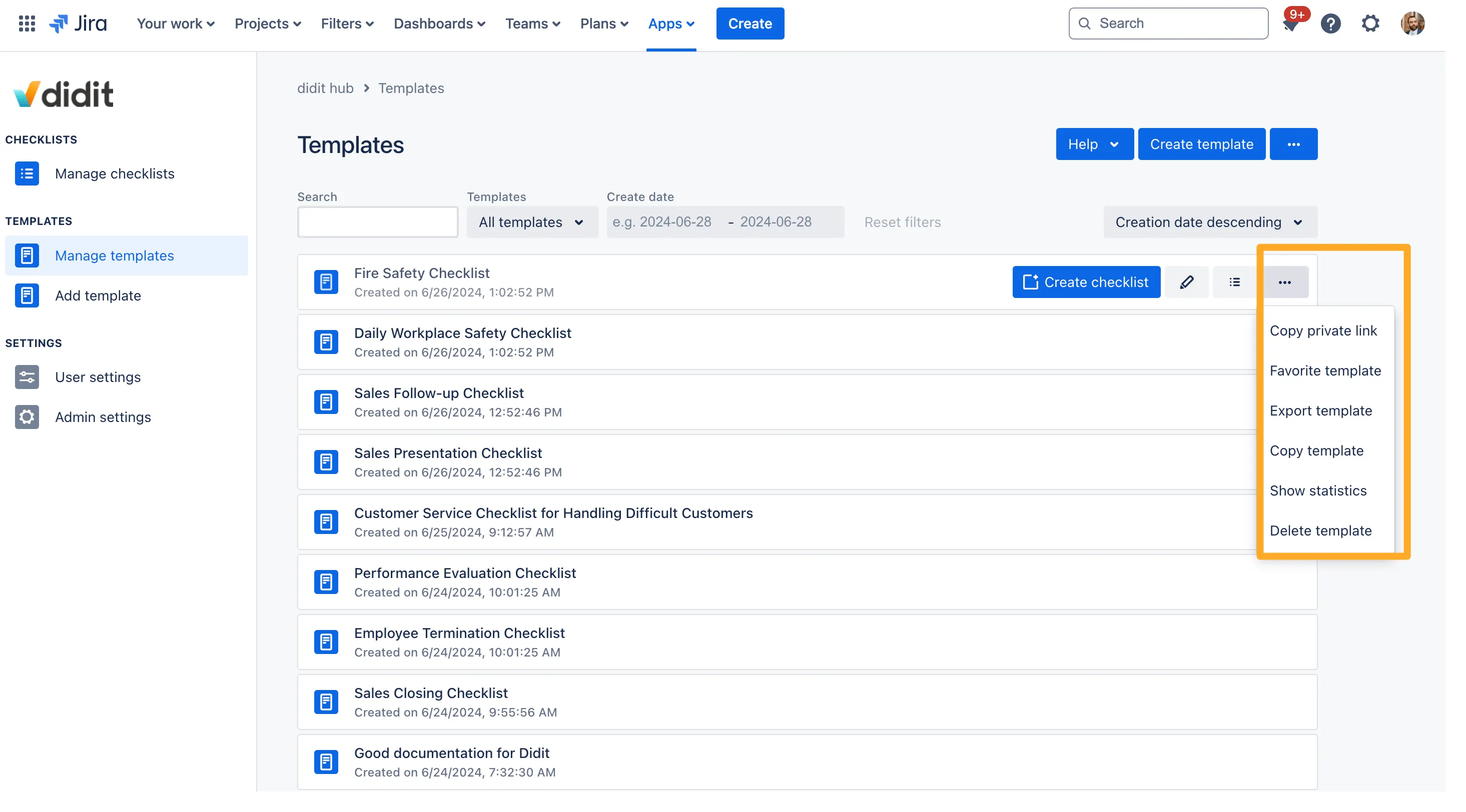 The Didit hub with a checklist template selected and the ... menu highlighted.