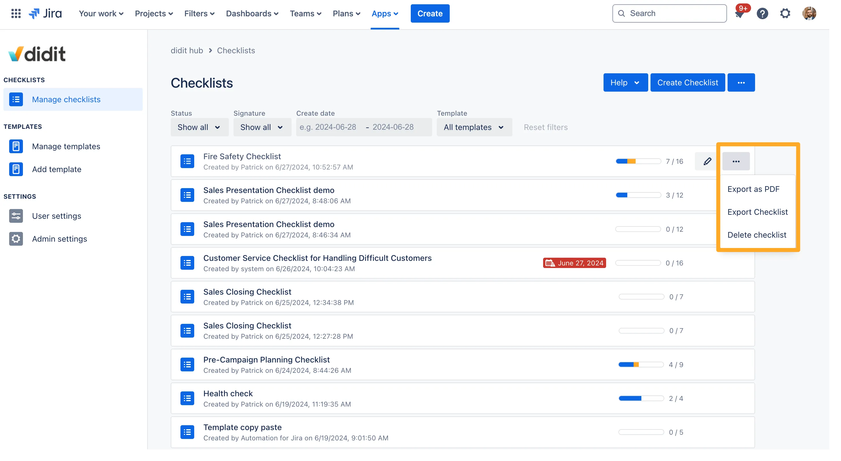 The Didit hub in the manage checklists section with the ... open and export options visible.