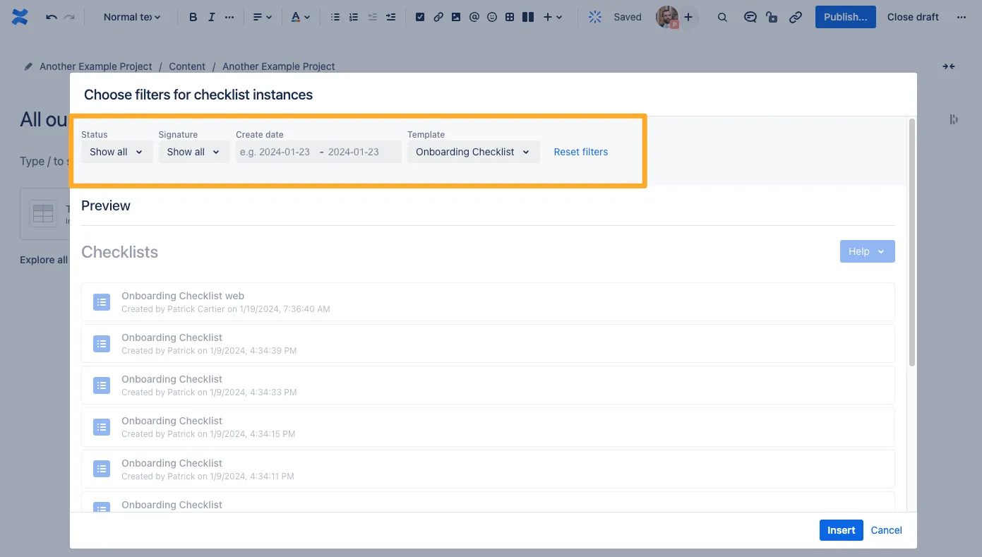 The checklist macro open in a Confluence page with the filter for checklists options highlighted.