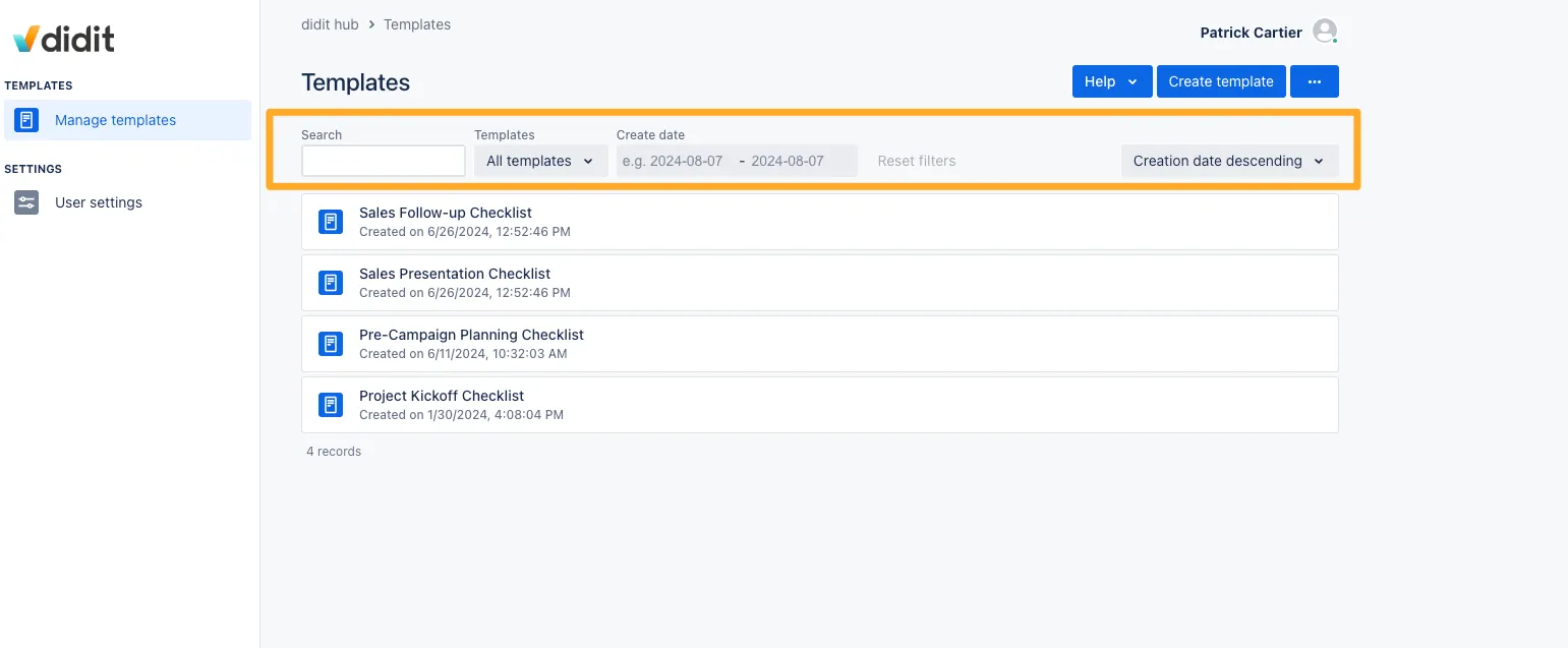 The customer portal showing that you can filter the templates which are visible to you.