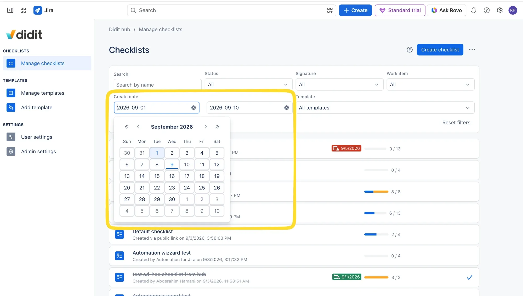 Filter using checklist creation date.