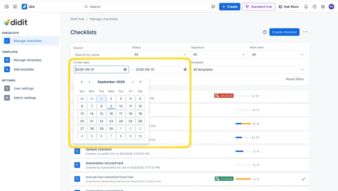 Filter using checklist creation date.
