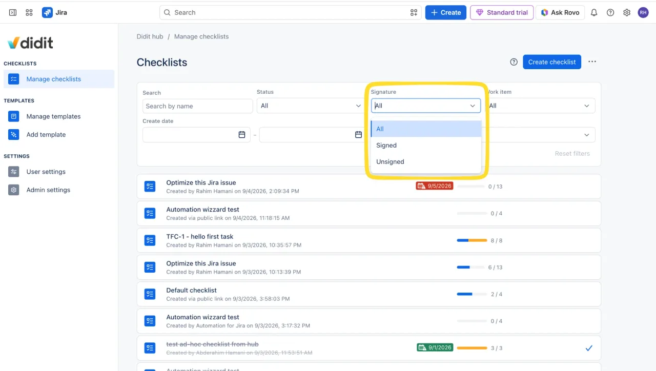 Filter using checklist signature.