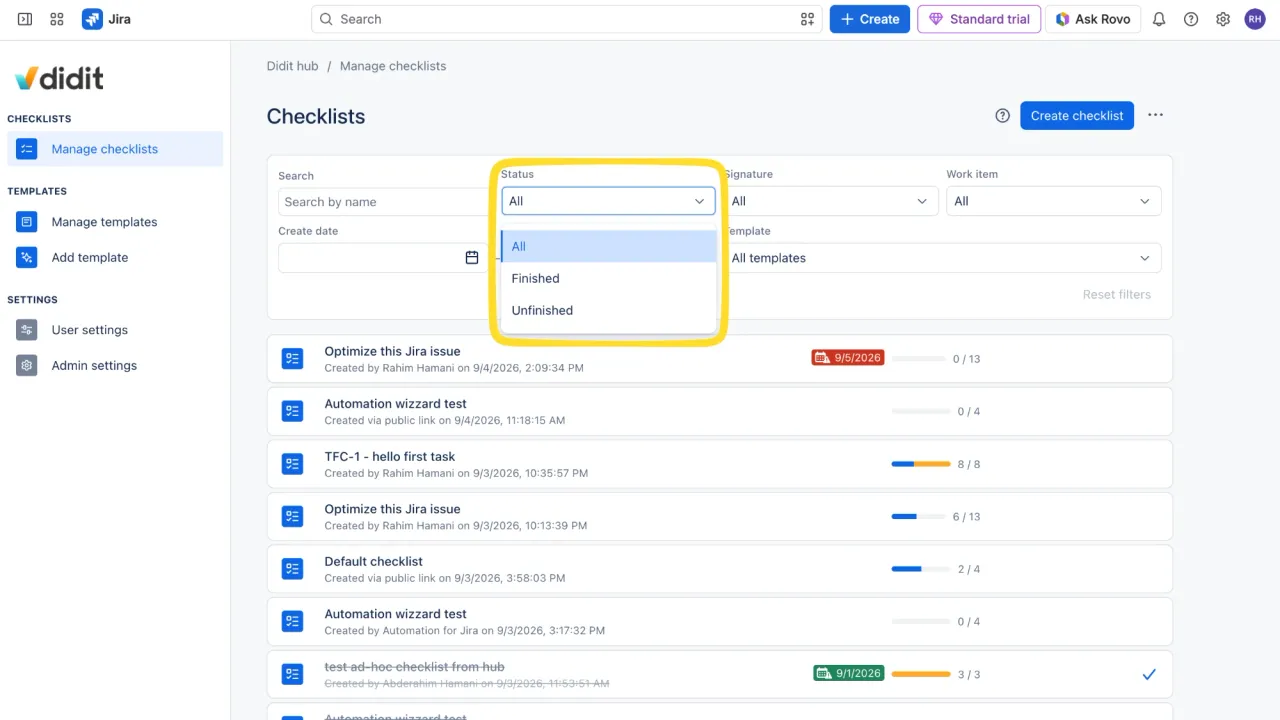 Filter using checklist status.