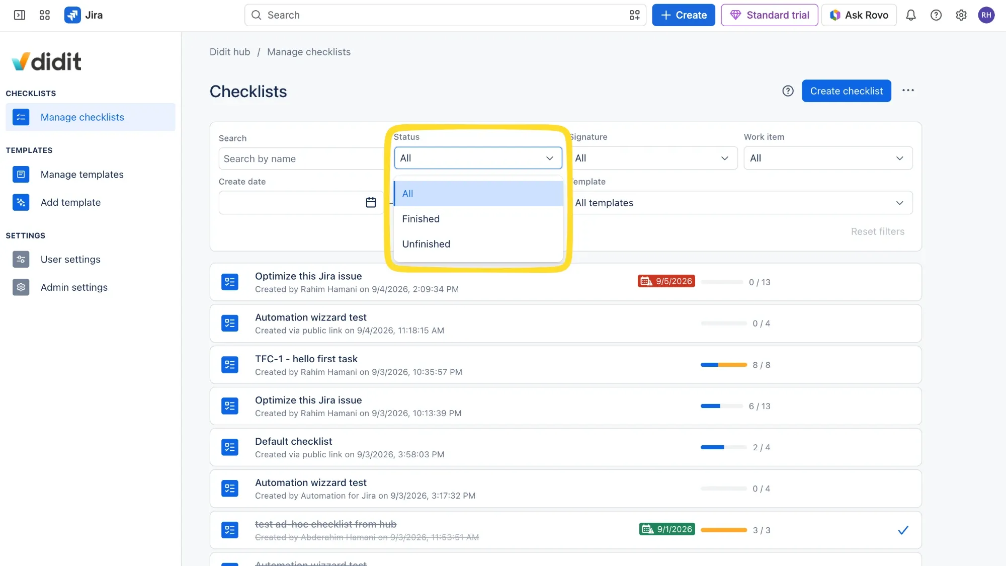 Filter using checklist status.